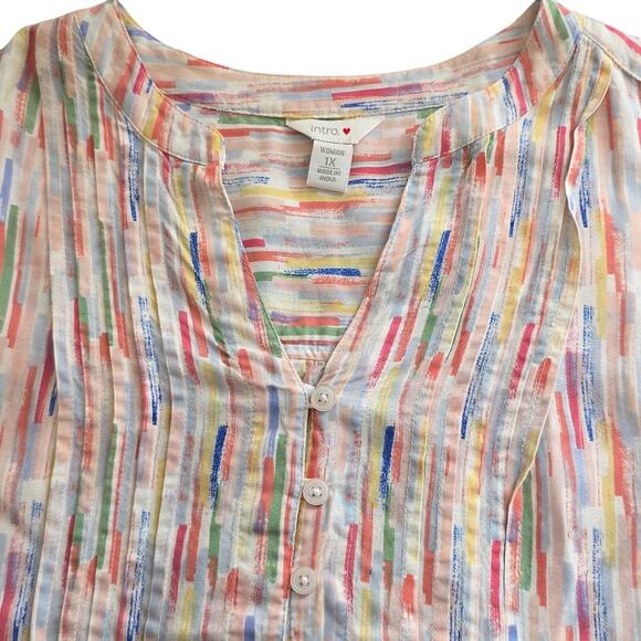 Womens Sz 1X Multicolor V-Neck Pleated 3/4 Sleeve Fairy Beach Vacation Tunic Top - Picture 3 of 11